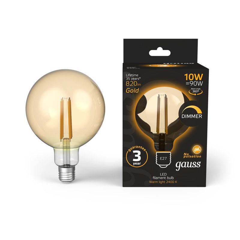 Лампа Gauss Filament G125 10W 820lm 2400К Е27 golden диммируемая LED