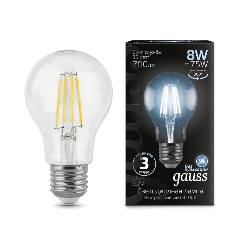 Лампа Gauss LED Filament A60 E27 8W 780lm 4100К 1/10/40