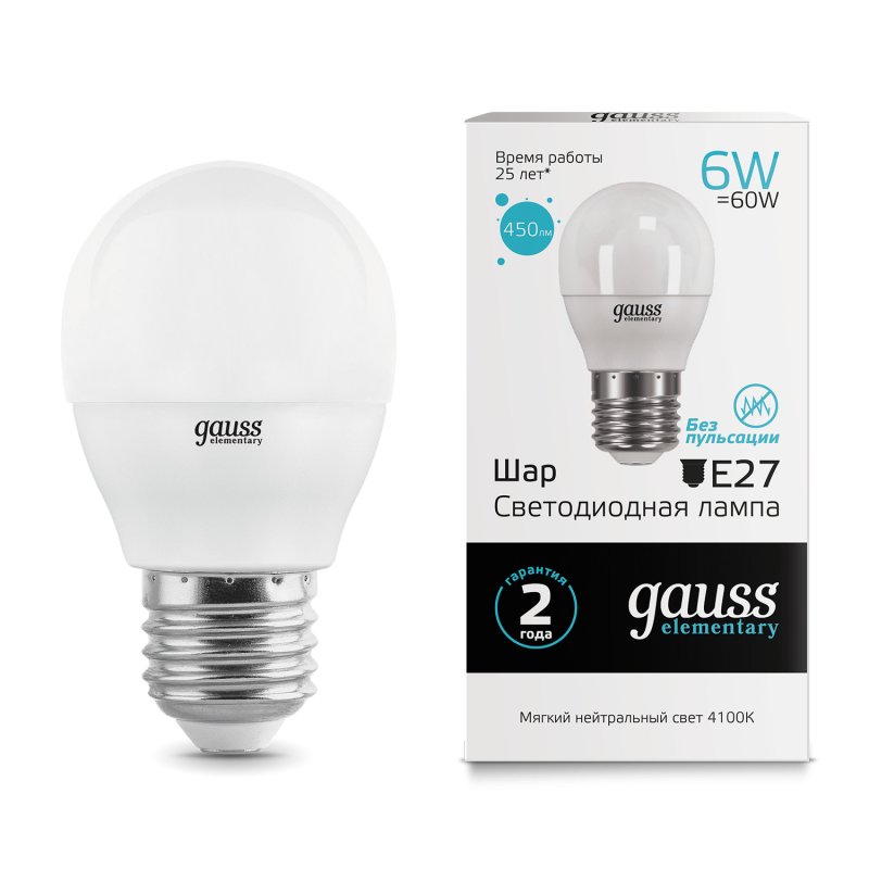 Gauss LED Elementary Globe 6W E27 4100K 1/10/100