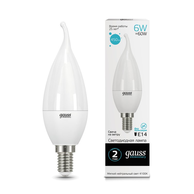 Gauss LED Elementary Candle Tailed 6W E14 4100K 1/10/50