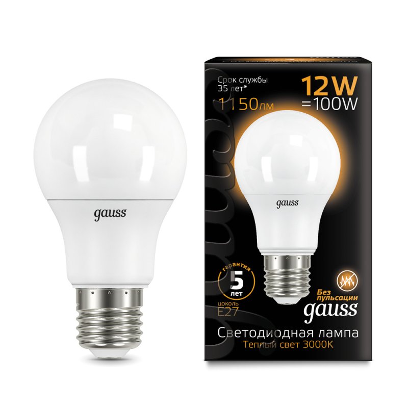 Gauss LED A60 globe 12W E27 3000K 1/10/50