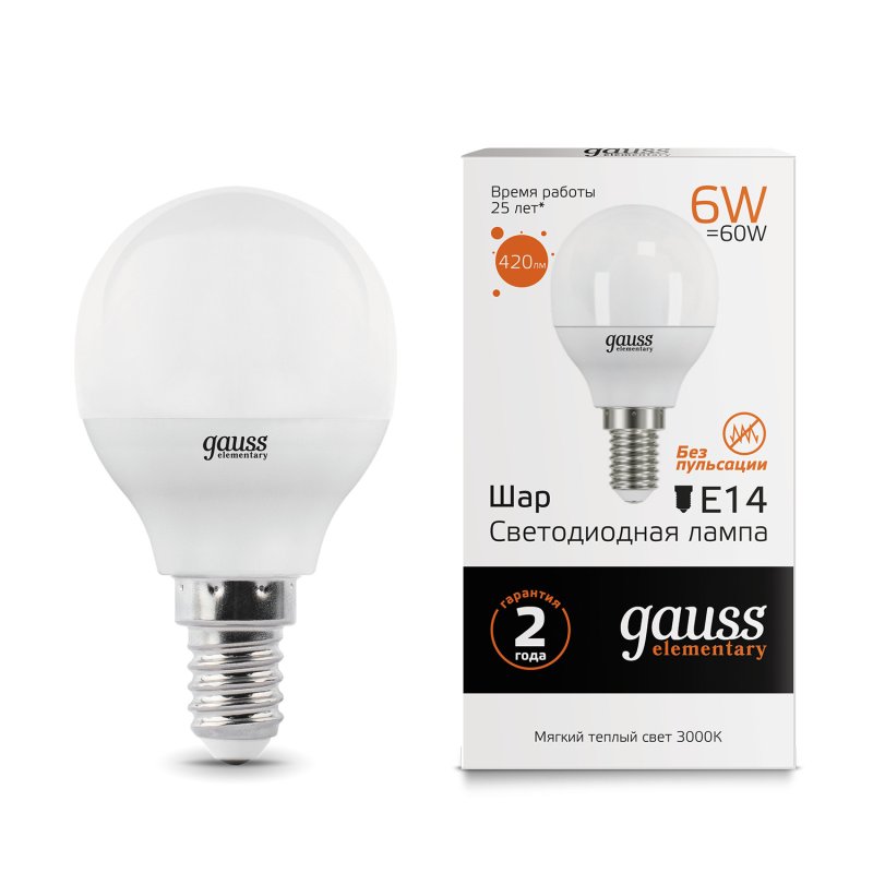 Gauss LED Elementary Globe 6W E14 3000K 1/10/50