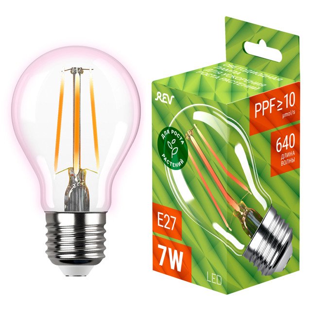 лампа светодиодная для растений REV 7Вт E27 575-650Нм PPF>10 груша