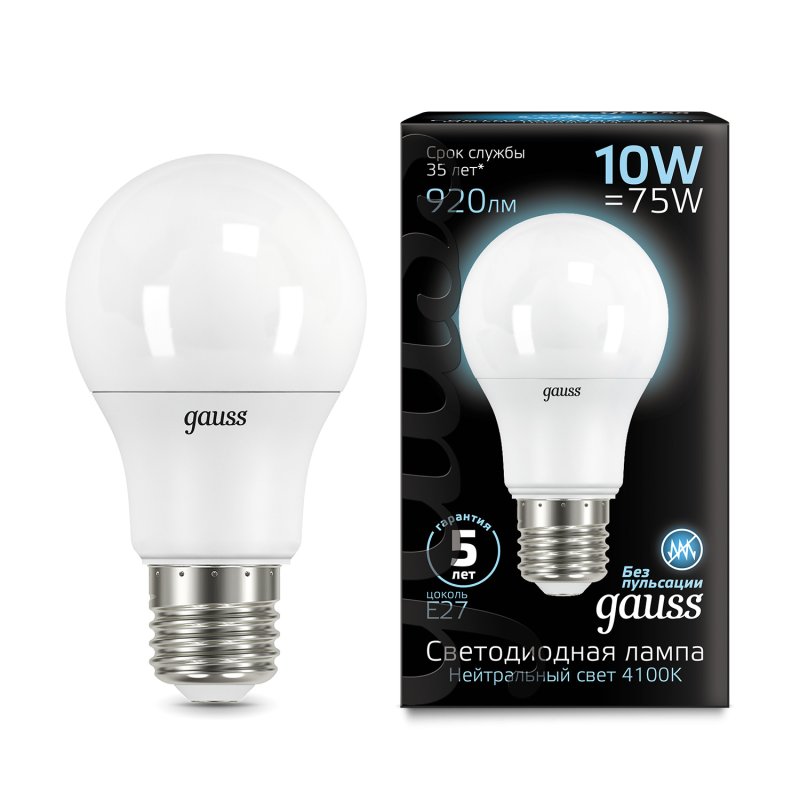 Лампа Gauss LED A60 10W E27 920lm 4100K 1/10/50