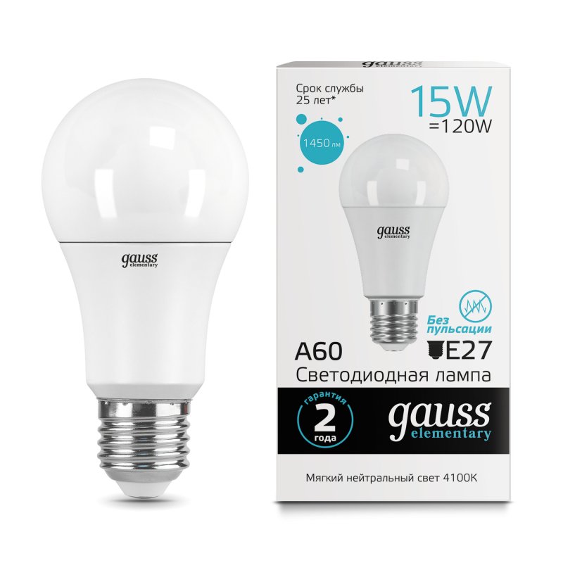 Gauss LED Elementary A60 15W E27 4100K 1/10/50