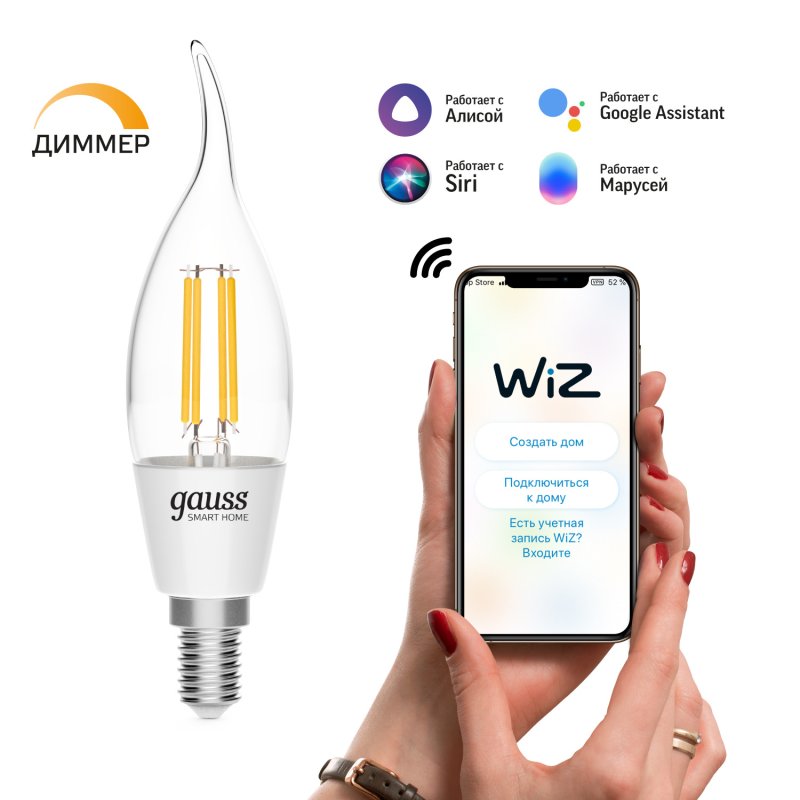 Умная Wi-Fi лампочка Gauss Smart Home Filament СF35 4,5W 495лм E14  управление голосом/смартфоном, диммируемая