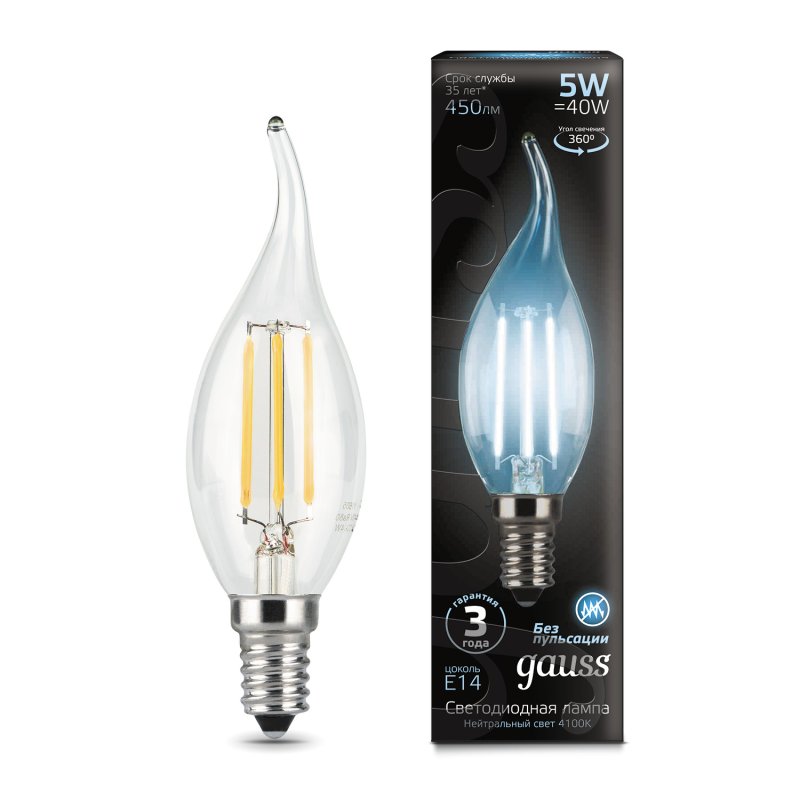 Gauss LED Filament Candle tailed E14 5W 4100K 1/10/50