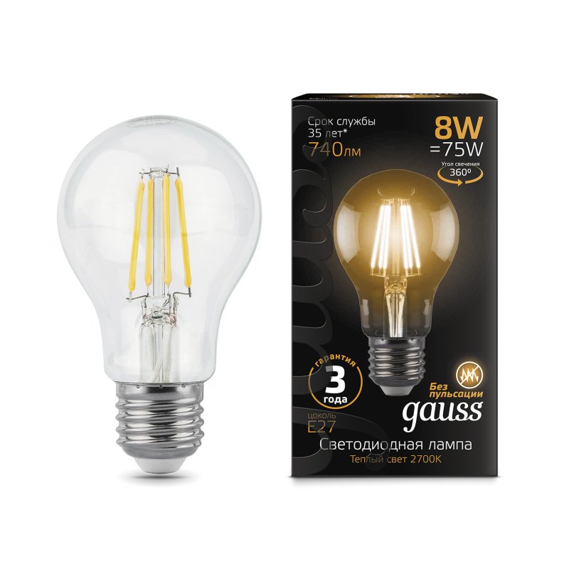 Лампа Gauss LED Filament A60 E27 8W 740lm 2700К 1/10/40