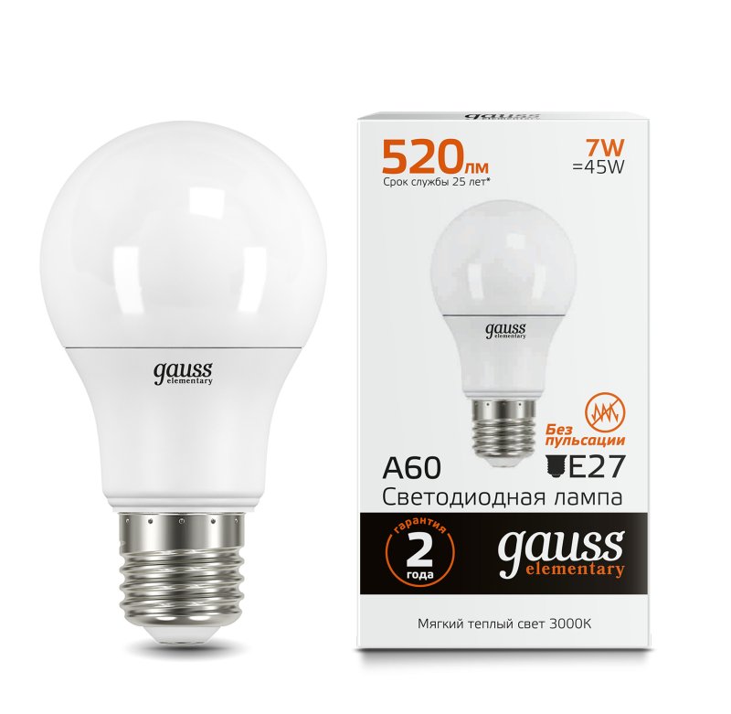 Gauss LED Elementary A60 7W E27 3000K 1/10/100